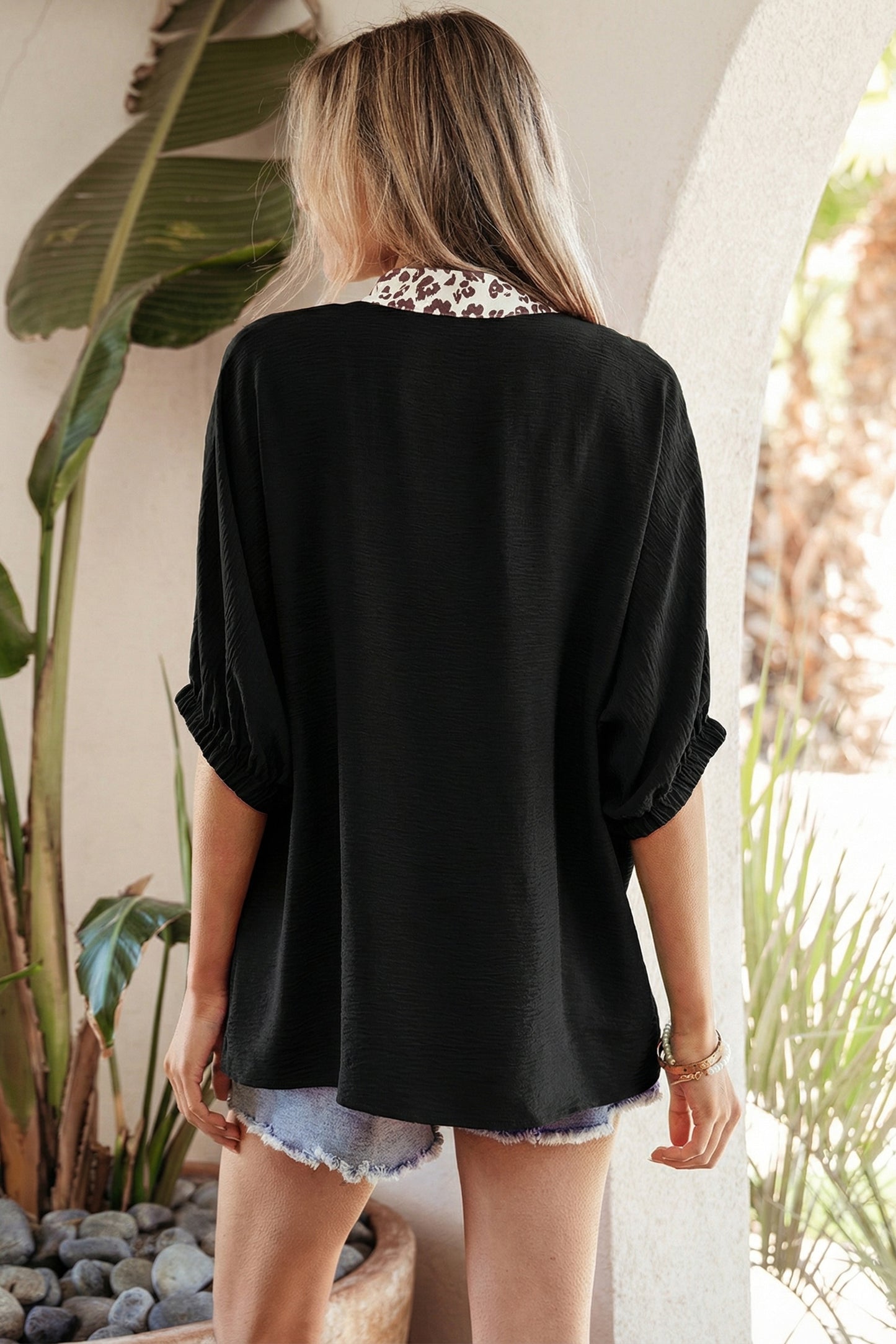 Rose Leopard Trim V Neck Dolman Sleeve Blouse Loose Fit Top