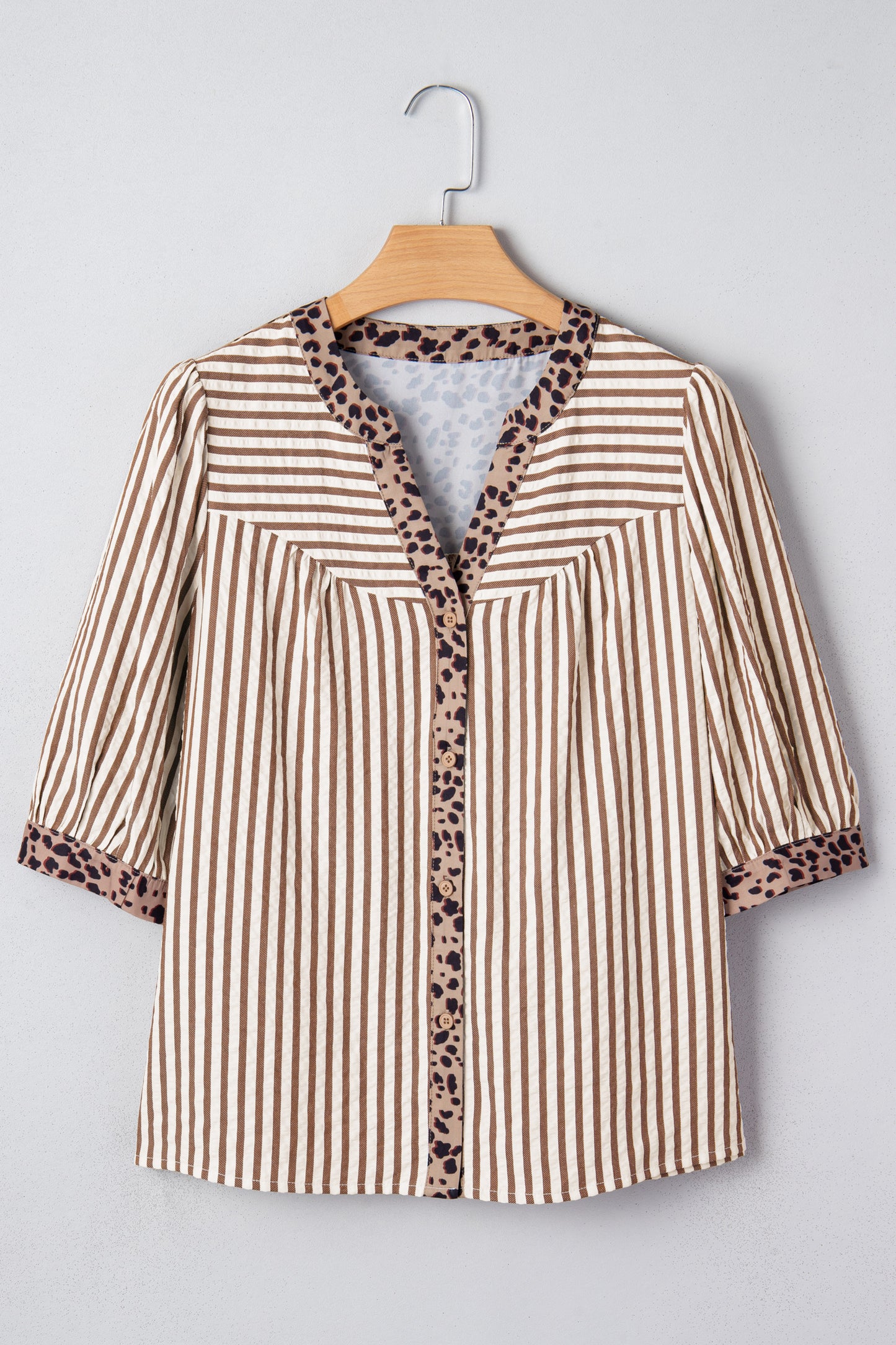 Brown Stripe V Neck Button Down Top with Leopard Trim Detail