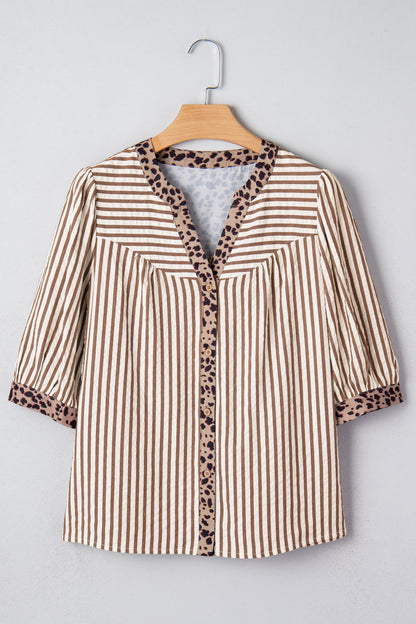 Brown Stripe V Neck Button Down Top with Leopard Trim Detail