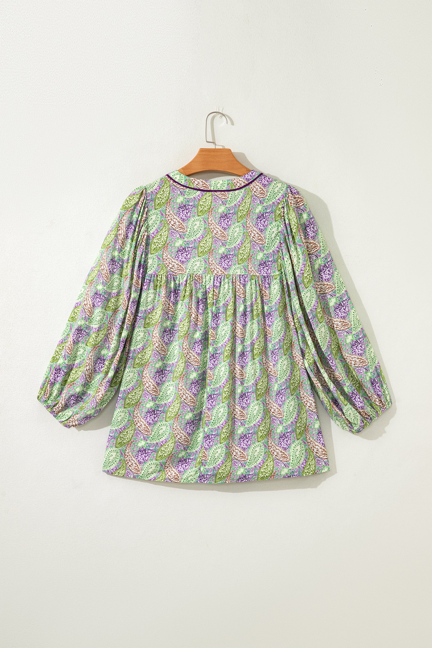 Green Boho Paisley Split Neck Puff Sleeve Blouse