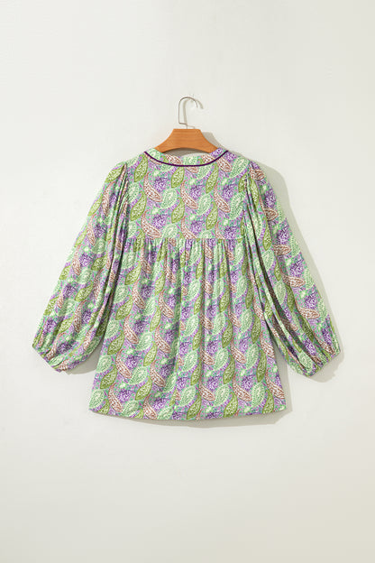 Green Boho Paisley Split Neck Puff Sleeve Blouse