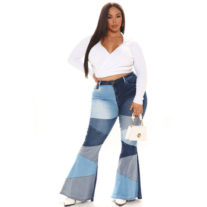 Women Patchwork Flare Jeans Bell Bottom Raw Hem Denim High Waist Multi-Tone Color Block Plus Size Pants