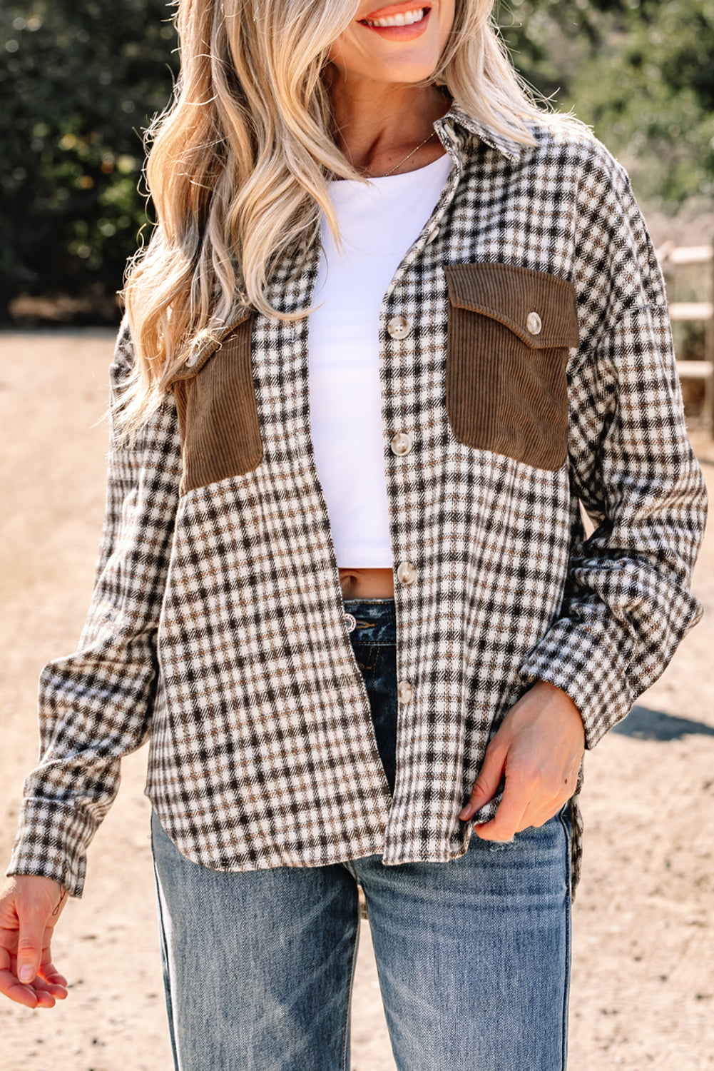 Plaid Shacket with Contrast Corduroy Flap Pockets