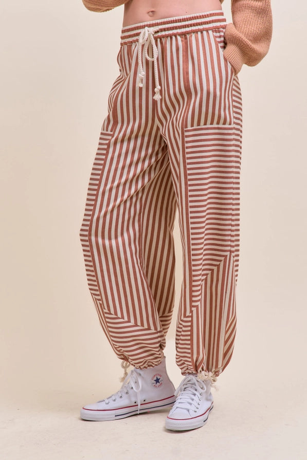 Striped High Waist Drawstring Parachute Pants Boho