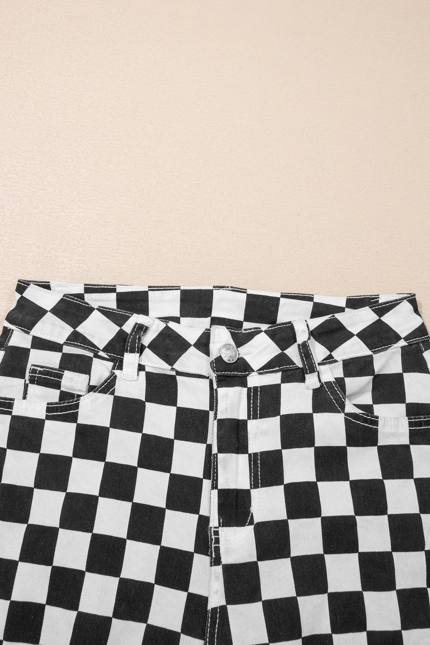 Checkerboard Distressed Cropped Jeans Raw Hem Pants