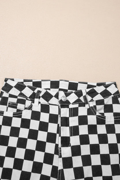 Checkerboard Distressed Cropped Jeans Raw Hem Pants