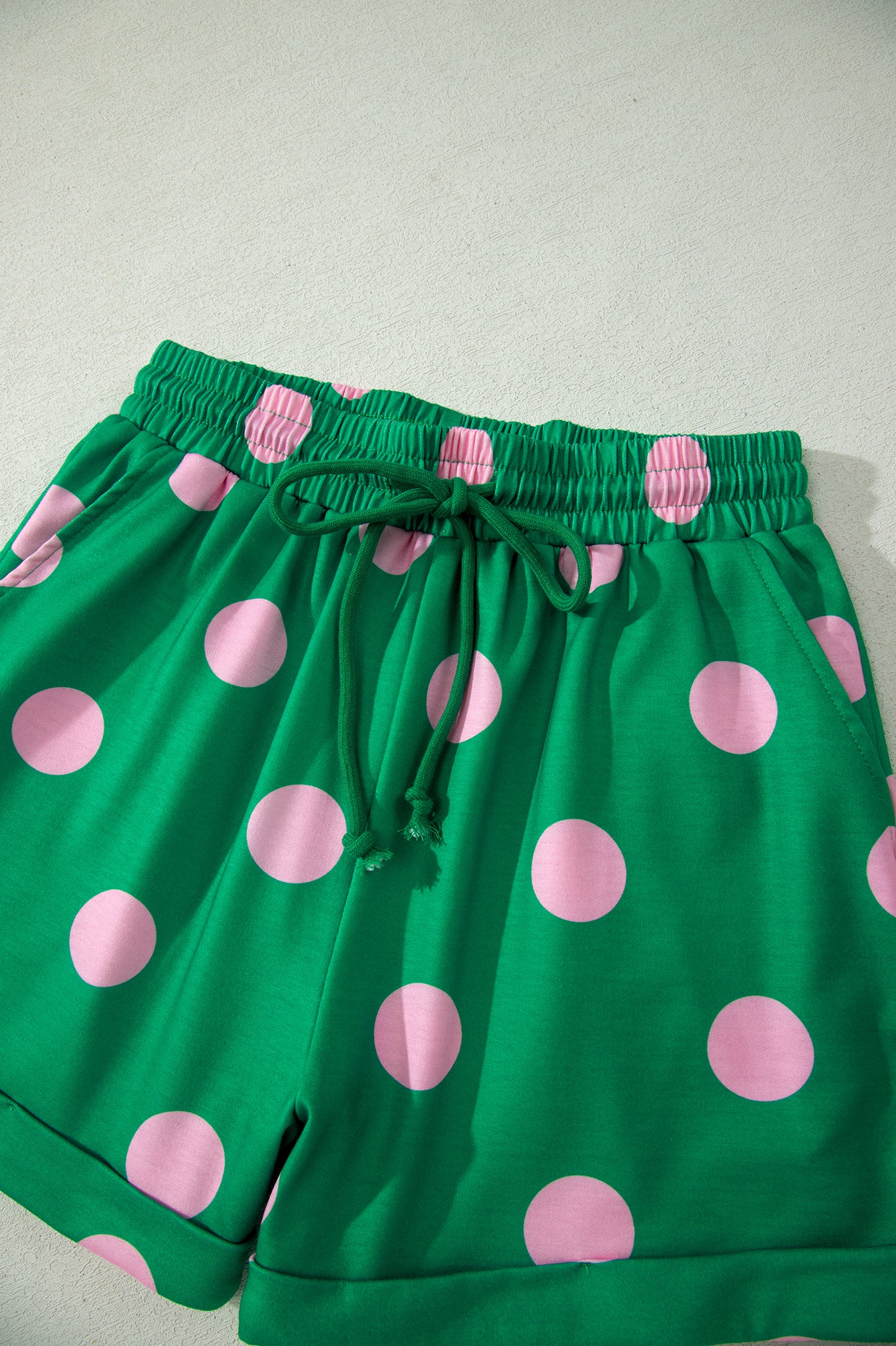 Green Polka Dot Lounge Set V Neck Tee and Shorts