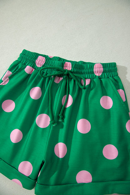 Green Polka Dot Lounge Set V Neck Tee and Shorts
