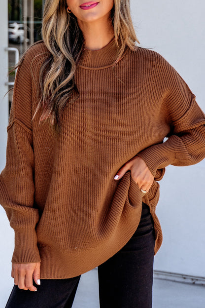 Orchid Purple Mock Neck Ribbed Knit Oversized Sweater Top