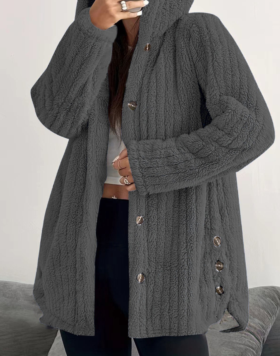 Women's Oversized Hooded Sherpa Jacket Button Front