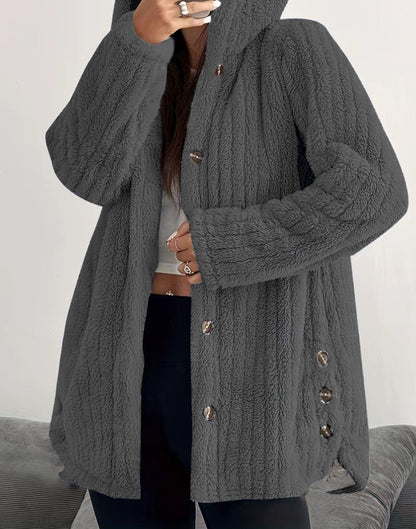 Women's Oversized Hooded Sherpa Jacket Button Front
