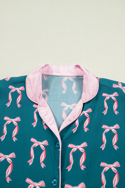 Green Bow Satin Pajama Set for Valentine Long Sleeve/Shorts