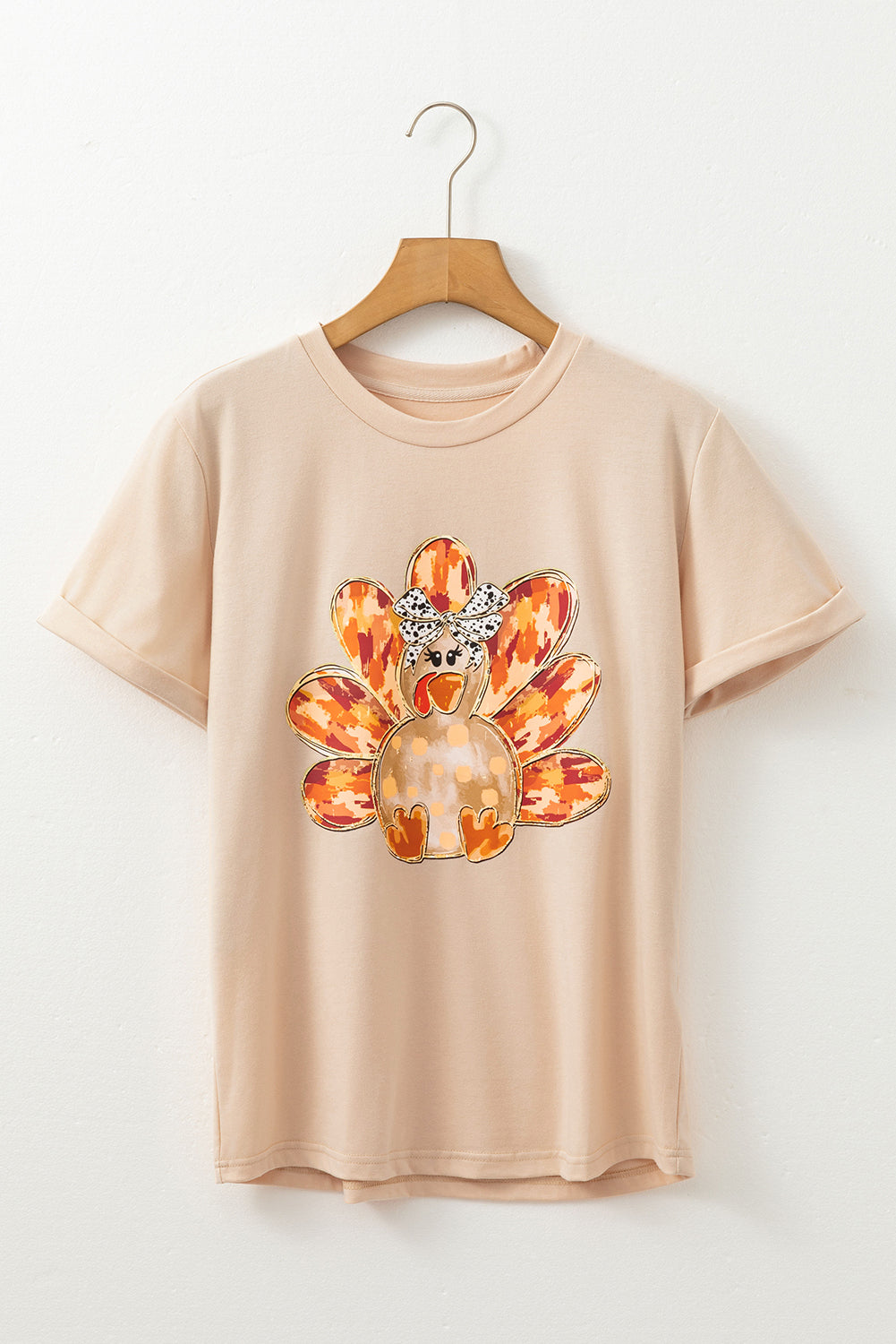 Khaki Bowknot Turkey Graphic Tee for Women Thanksgiving Top