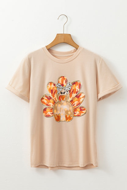Khaki Bowknot Turkey Graphic Tee for Women Thanksgiving Top