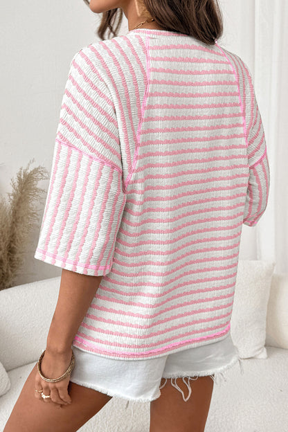 Apricot Stripe Textured Loose Fit Short Sleeve Top