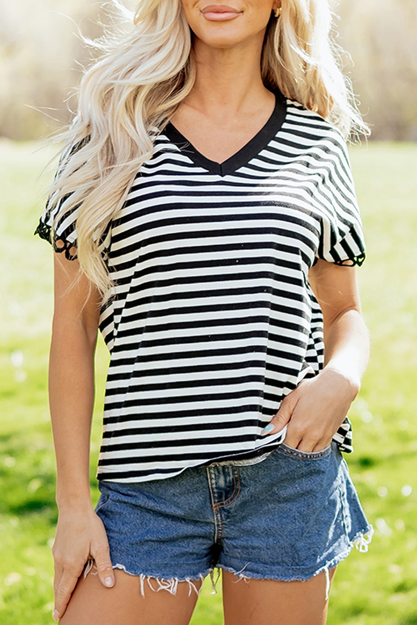 Black Stripe V Neck Lace Trim Casual Tee Top