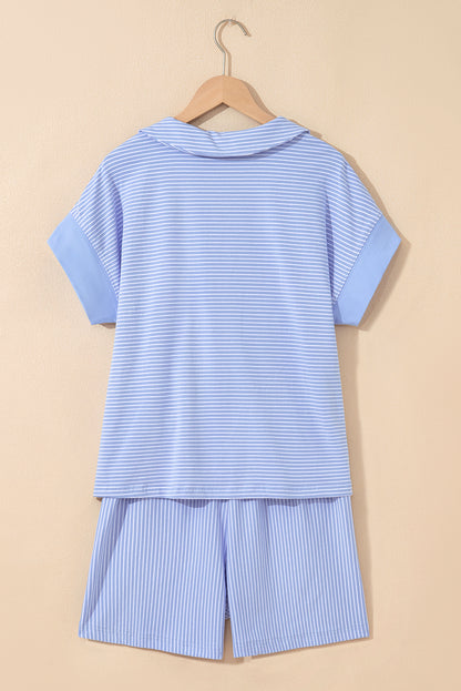 Striped V Neck Lounge Set Short Sleeve Top and Shorts