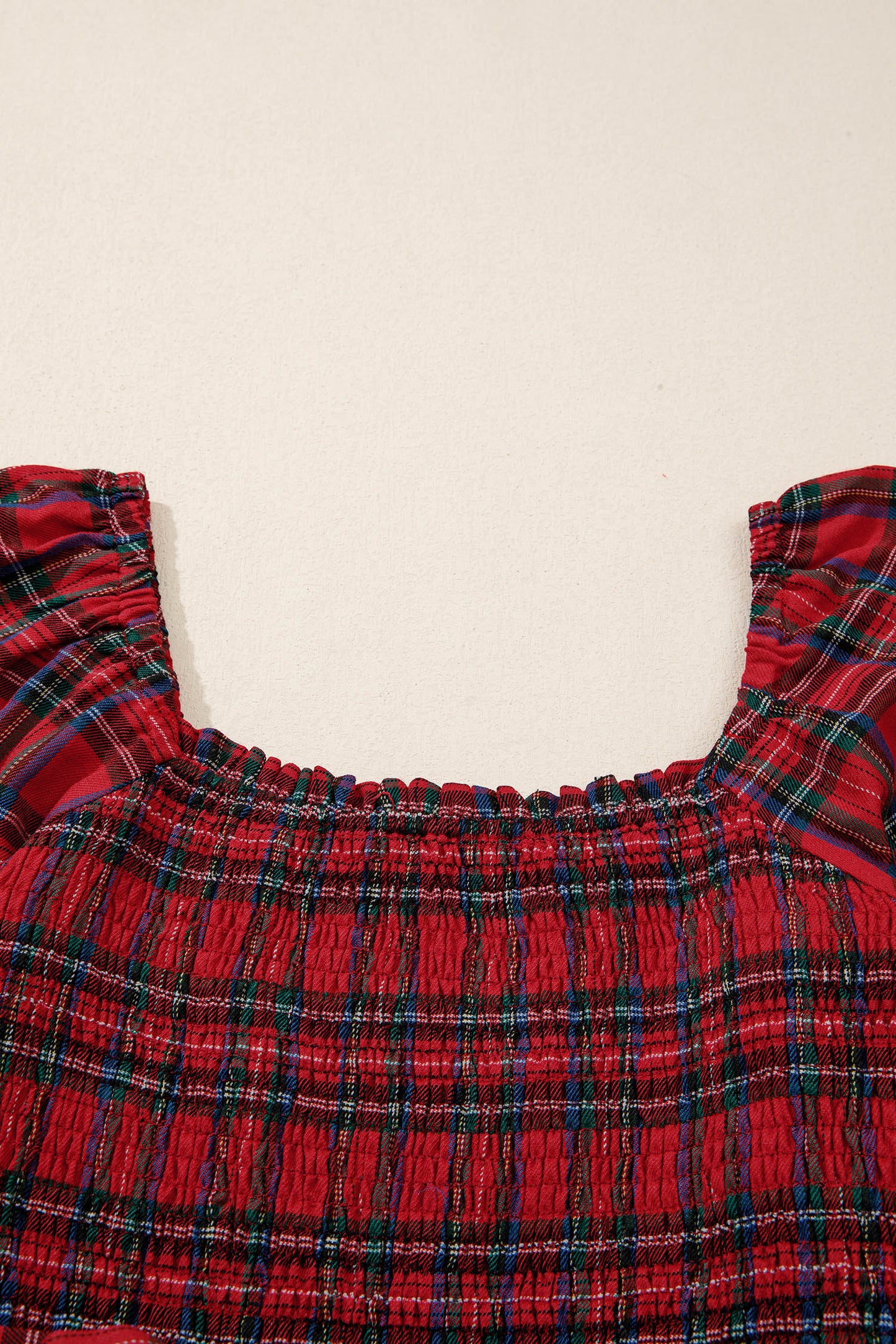 Red Tartan Plaid Puff Sleeve Smocked Waist Christmas Dress