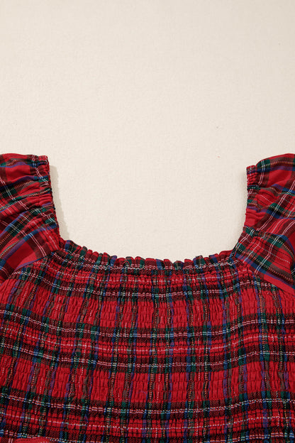 Red Tartan Plaid Puff Sleeve Smocked Waist Christmas Dress