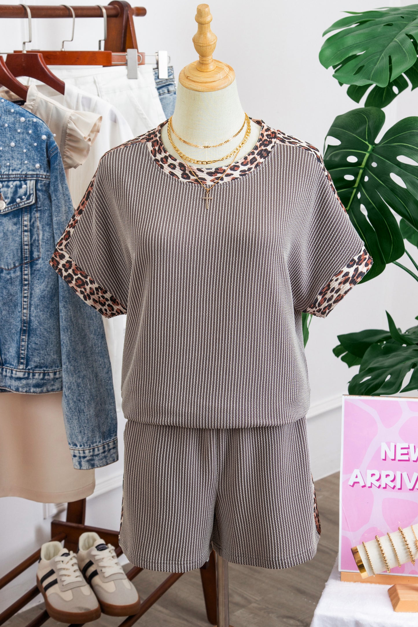 Leopard Trim Ribbed Short Sleeve Top and Shorts Set