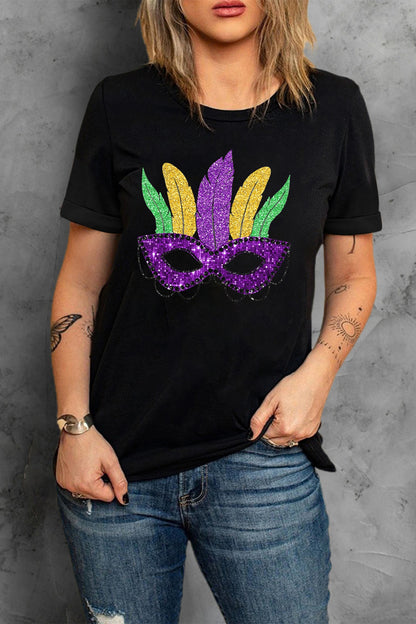 Black Glitter Mardi Gras Mask Feather Graphic Tee