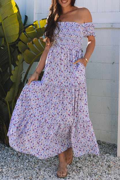 Purple Floral Off Shoulder Smocked Maxi Dress