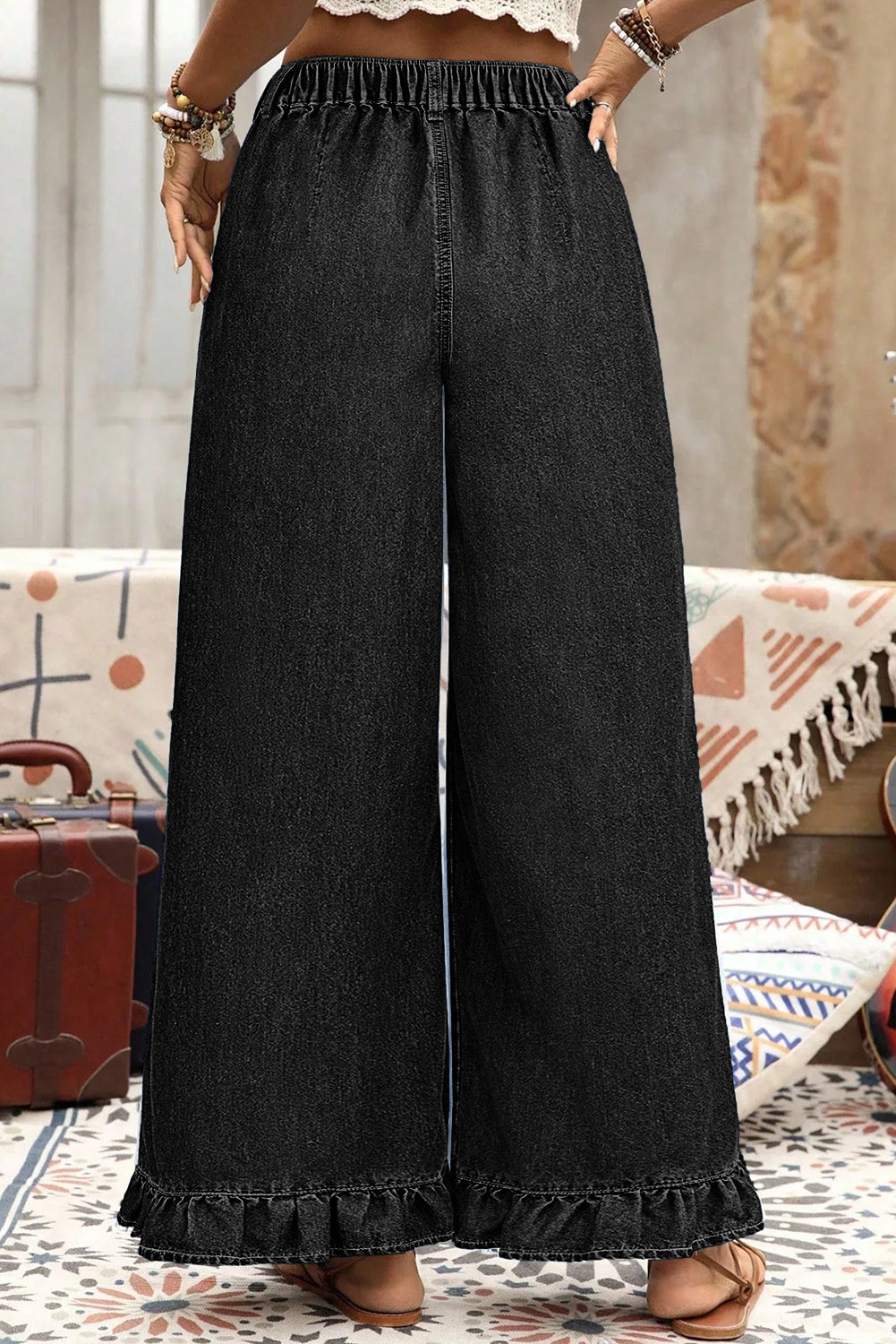 Sail Blue Plus Size Elastic Waist Ruffle Hem Jeans