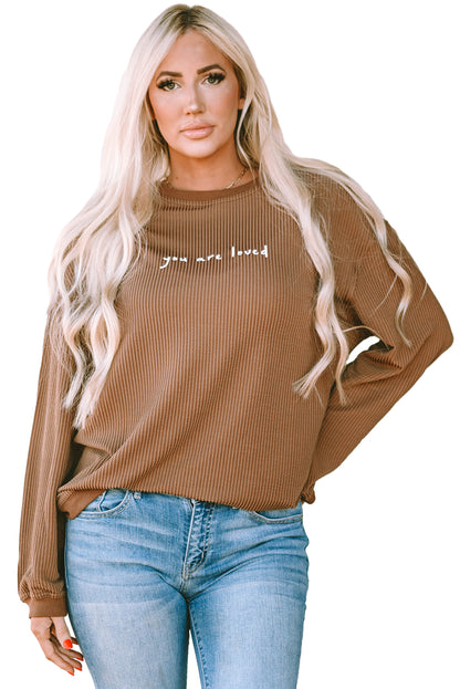 Khaki You Are Loved Print Corduroy Sweatshirt