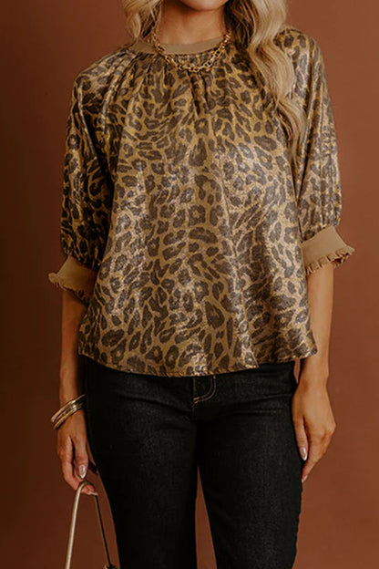Metallic Leopard Print Puff Sleeve Blouse