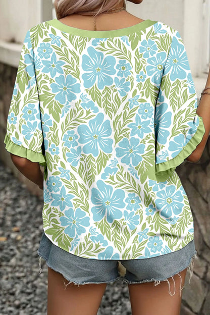 Sky Blue Floral Ruffle Sleeve Boho Blouse