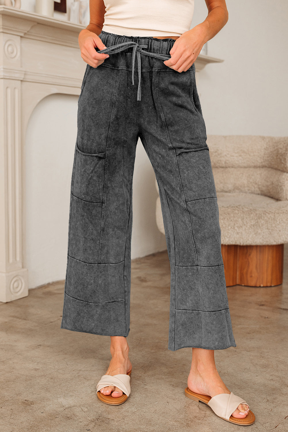 Mineral Wash High Waist Wide Leg Pants with Pockets