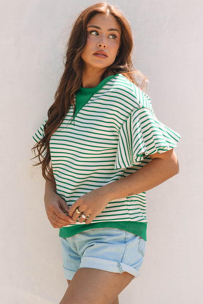 Green Striped Ruffle Sleeve Contrast Casual Top