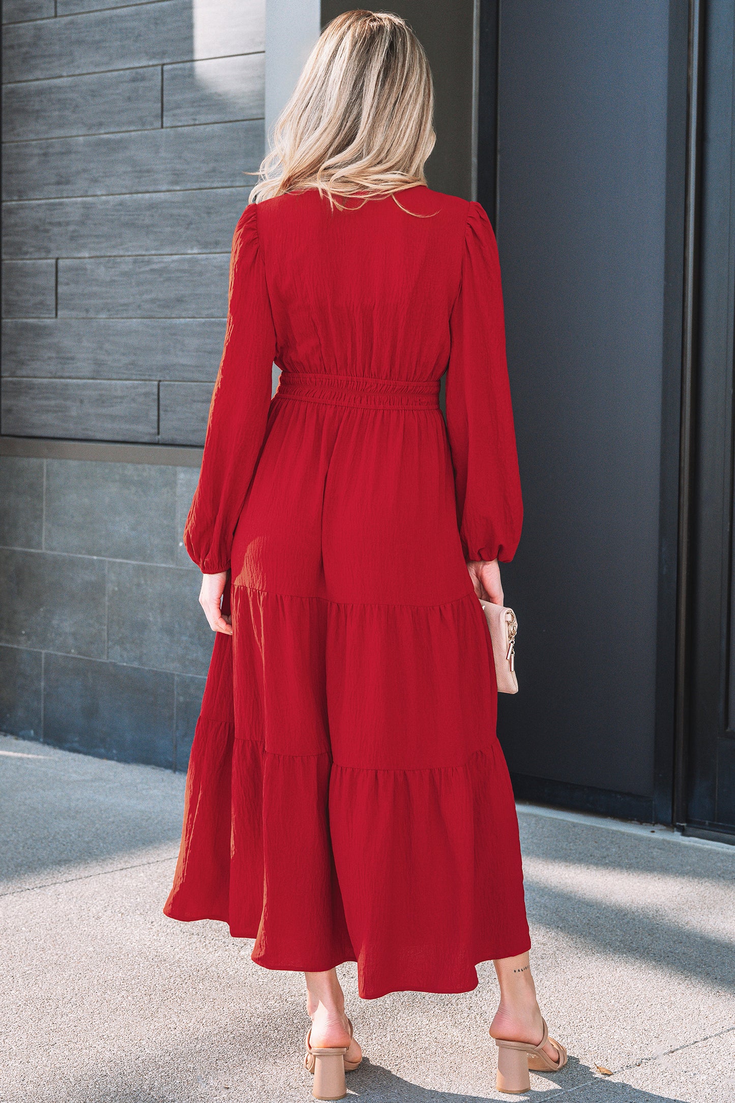 Racing Red Embroidered Cinched Waist Tiered Maxi Dress