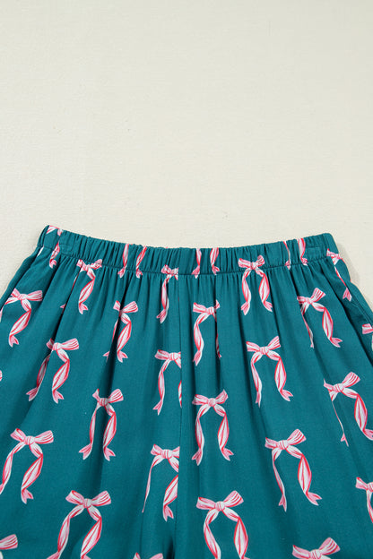 Green Bow Satin Pajama Set for Valentine Long Sleeve/Shorts