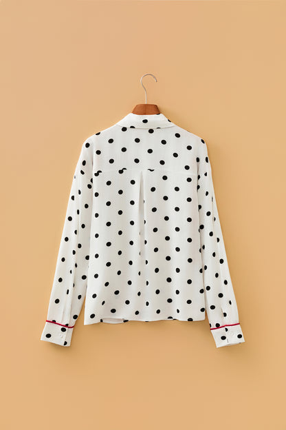 White Polka Dot Contrast Trim Button Up Blouse