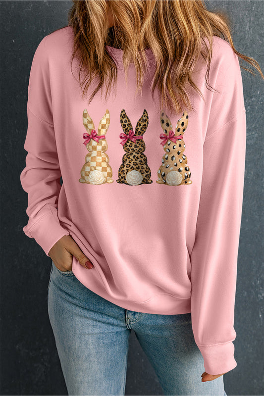 Easter Leopard Checkered Bunny Graphic Pink Sweatshirt