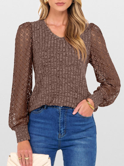 V-Neck Knit Top with Lace Puff Long Sleeves