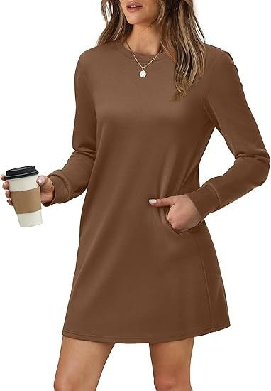 Cozy Long Sleeve Crewneck Sweatshirt Dress with Pockets