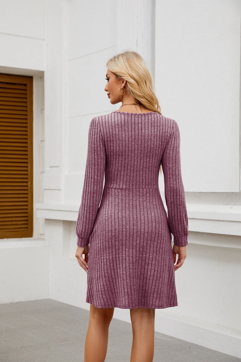Square Neck Ribbed Knit Dress with Pockets