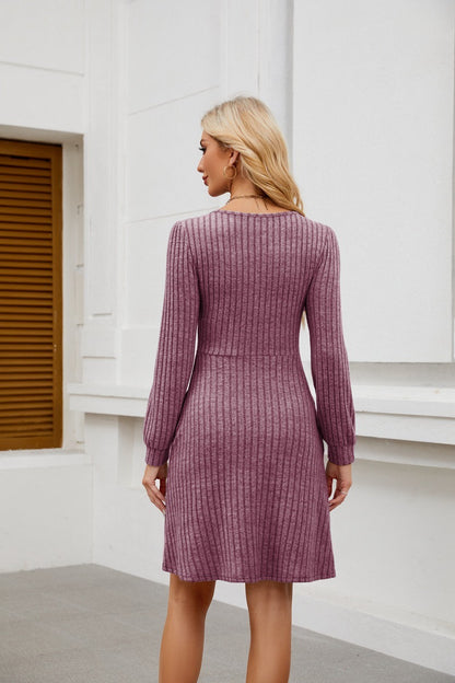 Square Neck Ribbed Knit Dress with Pockets