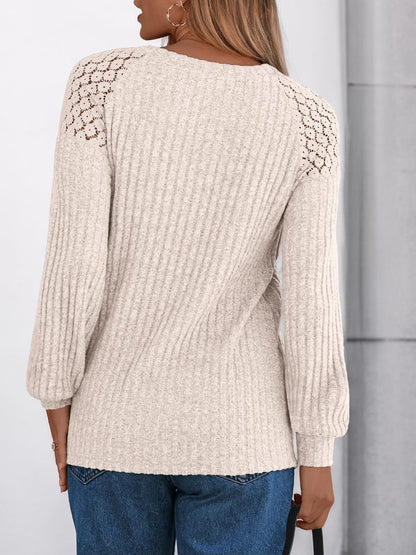 Solid Ribbed Knit Button Pullover with Lace & Buttons