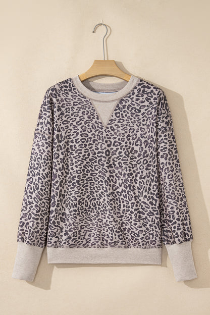 Leopard Print Long Sleeve Crew Neck Casual Sweatshirt