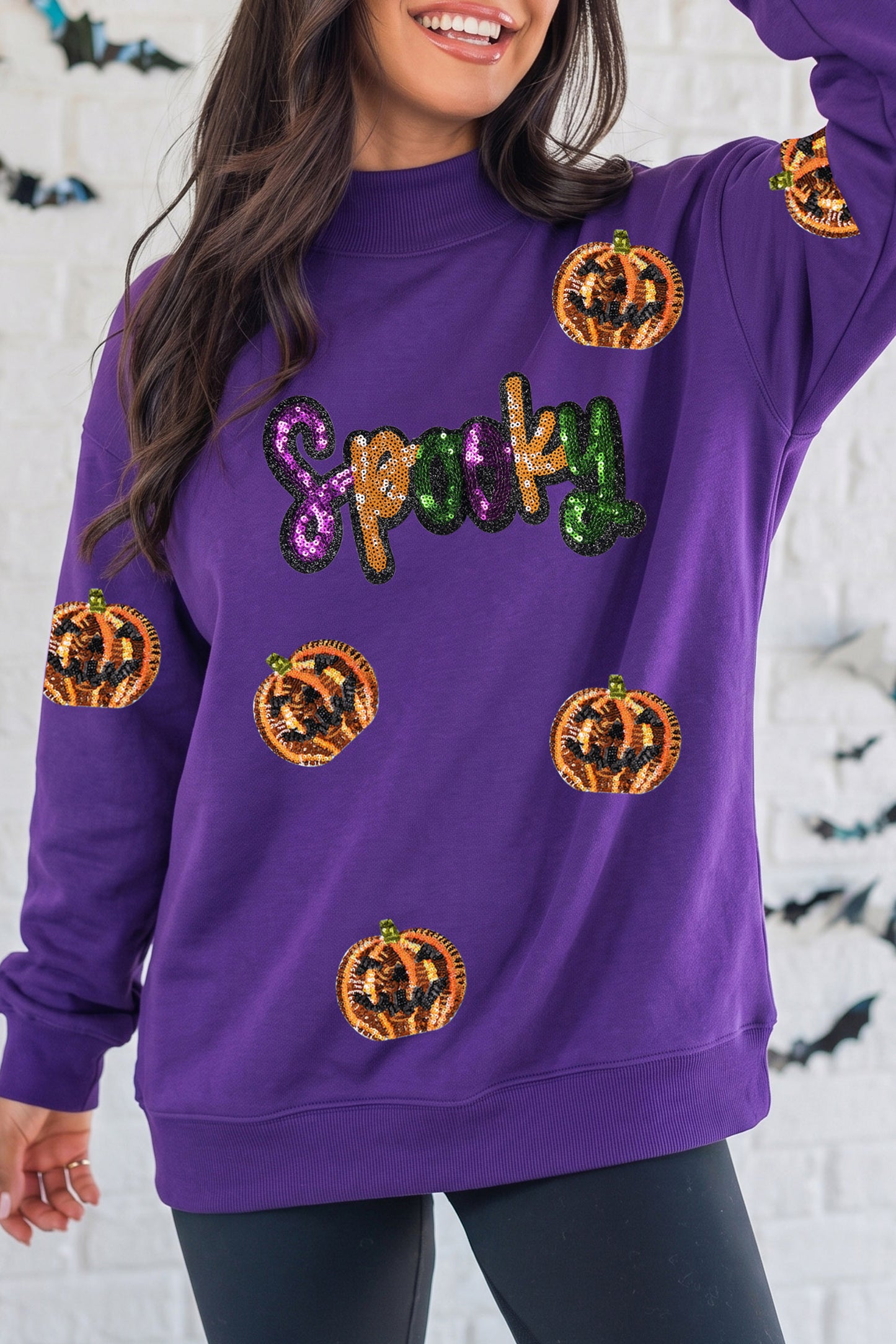 Sequin Pumpkin Spooky Mock Neck Halloween Sweatshirt