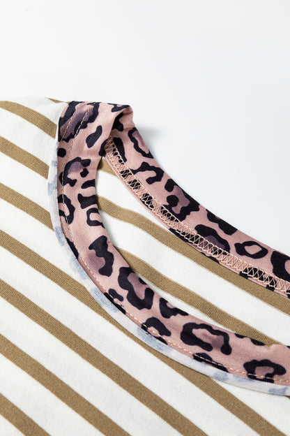 Striped Leopard Trim Tee Casual Loose Fit T Shirt