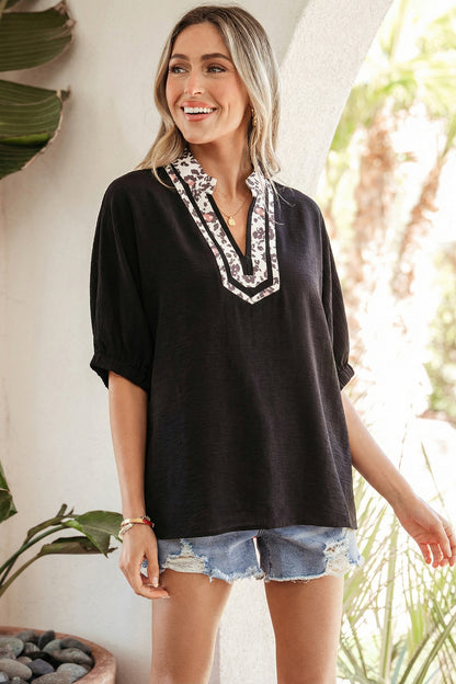 Rose Leopard Trim V Neck Dolman Sleeve Blouse Loose Fit Top
