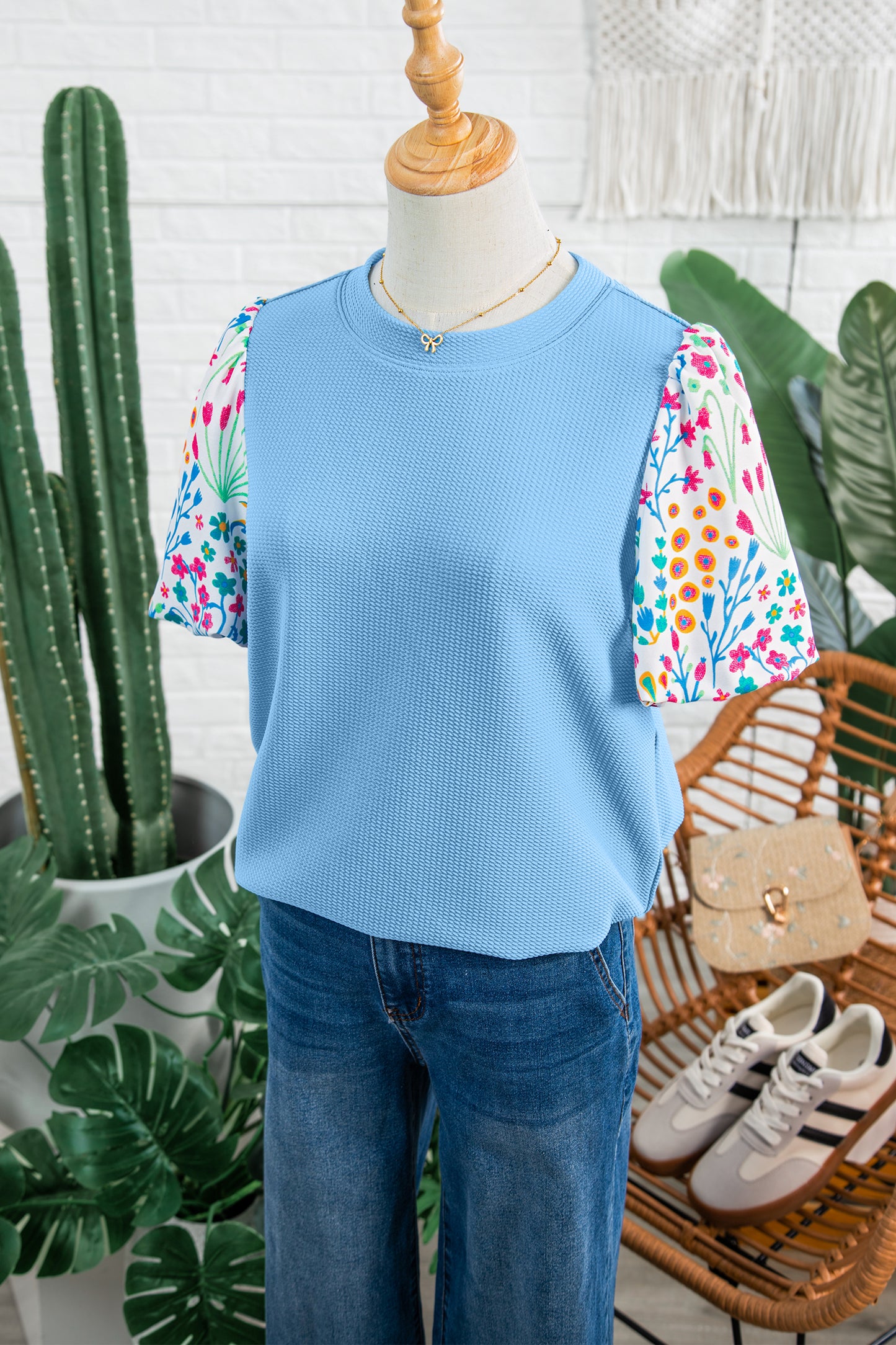 Blue Textured Floral Puff Sleeve Blouse