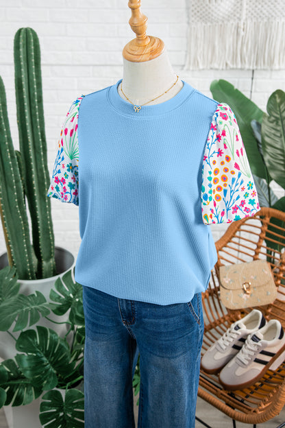 Blue Textured Floral Puff Sleeve Blouse
