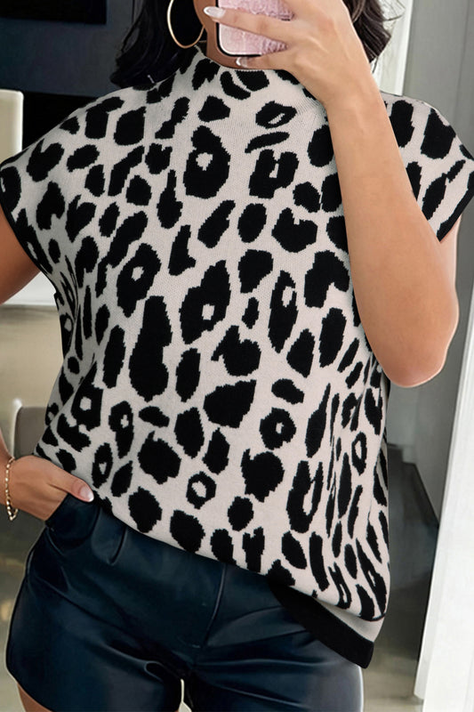 Leopard Print High Neck Short Sleeve Knit Top