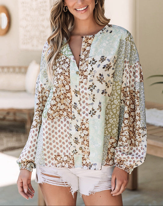 Floral Patchwork Print Button Front Puff Sleeve Blouse