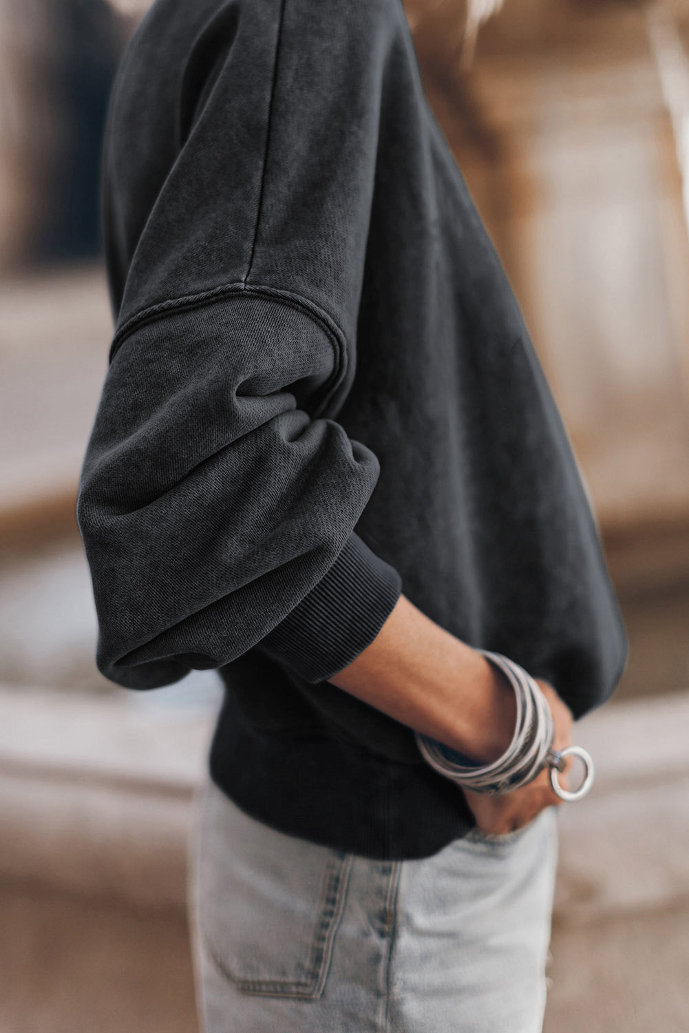 Washed Green Drop Shoulder Crewneck Sweatshirt for Women